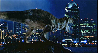サンディエゴの夜景に吠えるティラノサウルス